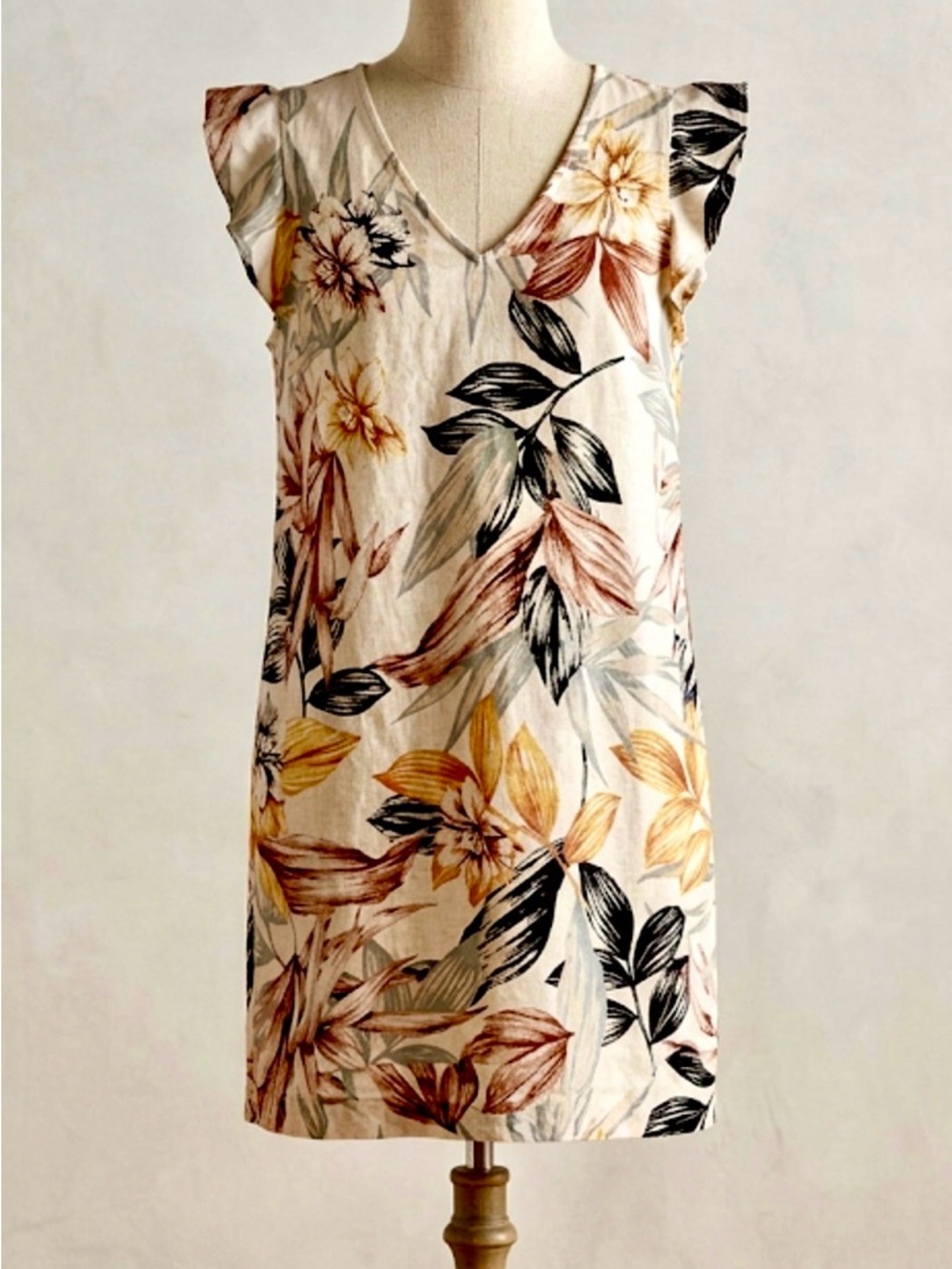 Tropical Print Sleeveless Linen Dress